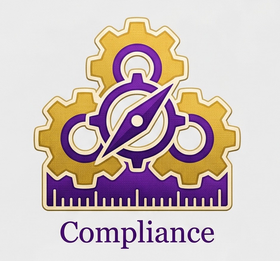 Compliance (C style): interlocking gears, compass needle, and ruler in purple and gold.