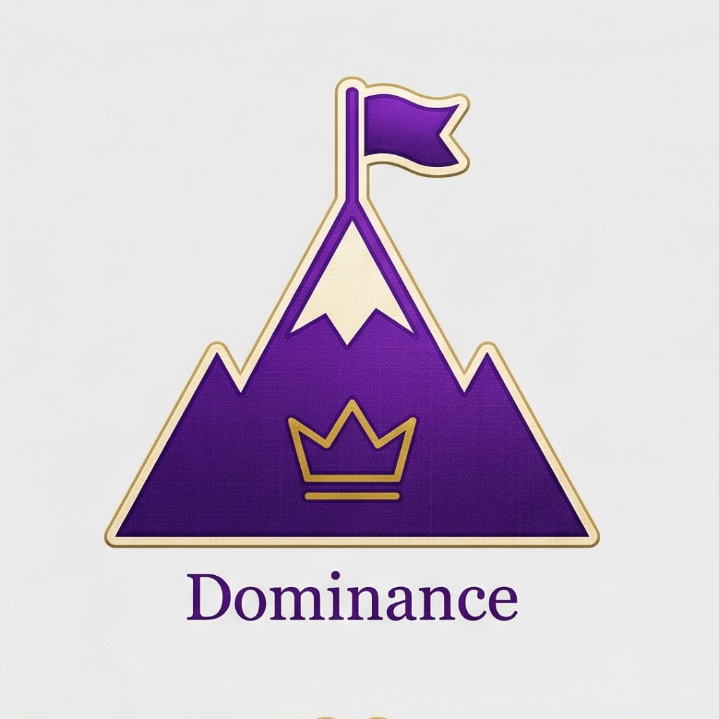 Dominance: mountain with snow cap, crown, and summit flag in purple and gold.