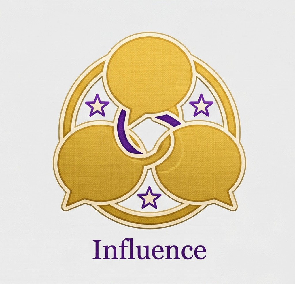Influence: three interlocking speech bubbles with stars in purple and gold.