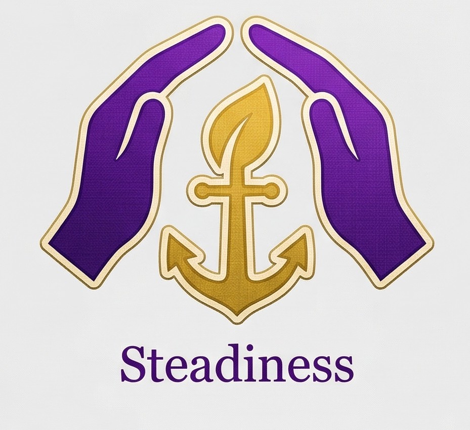 Steadiness: cupped hands protecting a gold anchor with a leaf, in purple and gold.