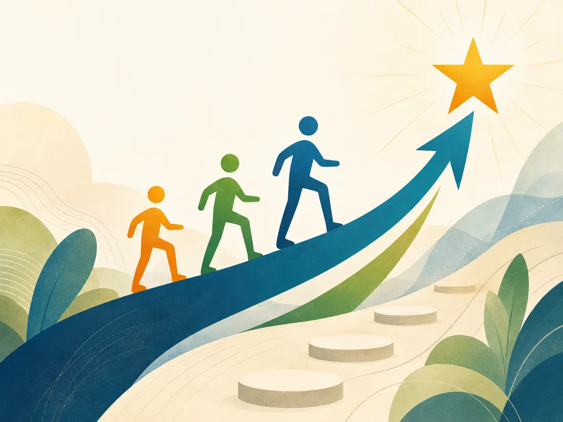 Three figures climbing a rising path toward a star, one behind the other